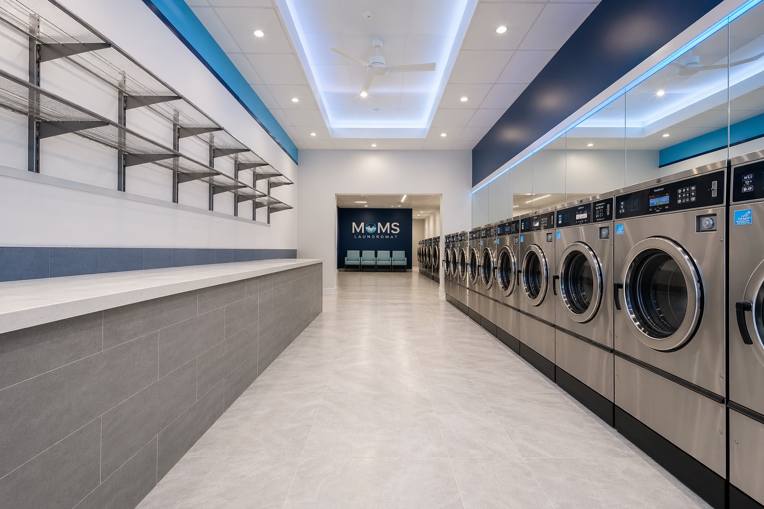 Main aisle of Mom's LaundryMat in Brooklyn with rows of modern stainless steel washers and a long folding counter