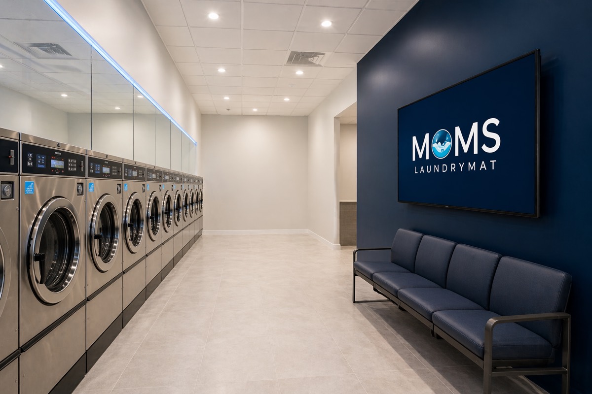 Comfortable waiting area with navy accent wall and wall-mounted TV at Mom's LaundryMat on Ralph Avenue