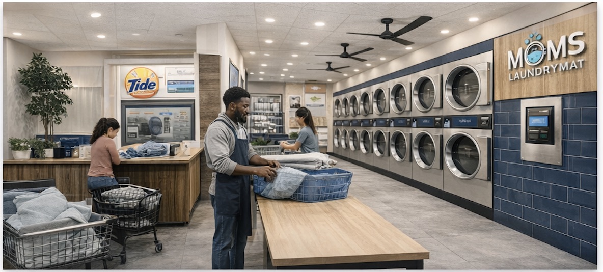 Team member folding laundry at the wash and fold counter inside Mom's LaundryMat Brooklyn