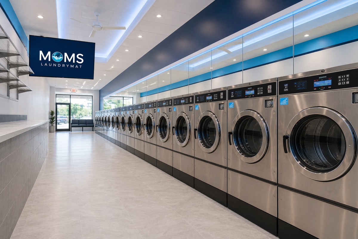 Row of high-capacity self-service washers at Mom's LaundryMat laundromat in Brooklyn